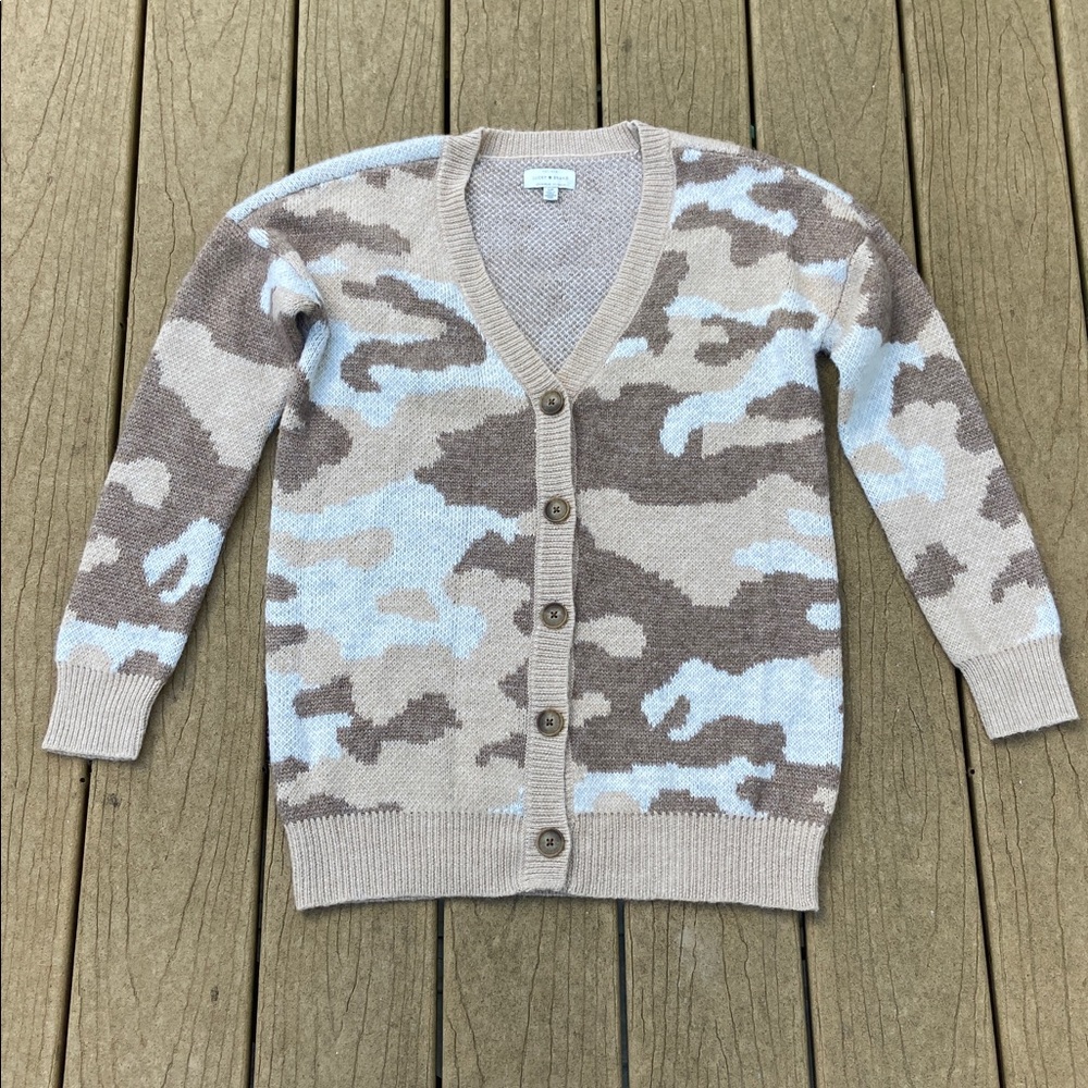 Lucky Brand Beige Brown Cream Camo Knit Sweater / Cardigan Size Women’s Small